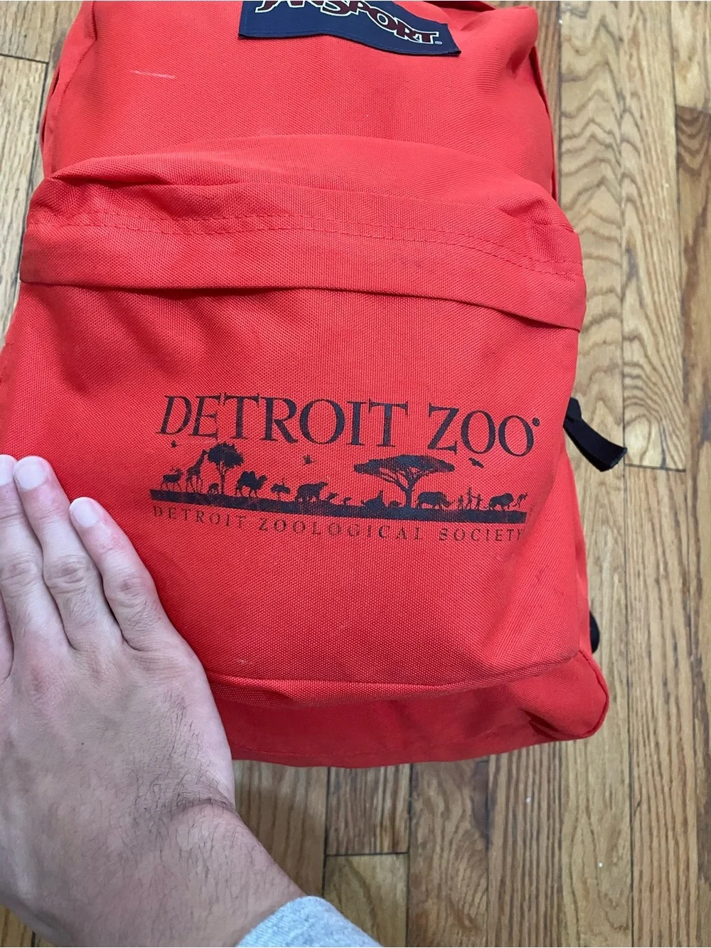 Jansport Red Backpack with Front Pocket and Detroit Zoo Print